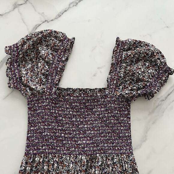 CAARA Smocked tiered Midi dress puff sleeves Ditsy floral Sz M Romantic chic - Picture 7 of 11